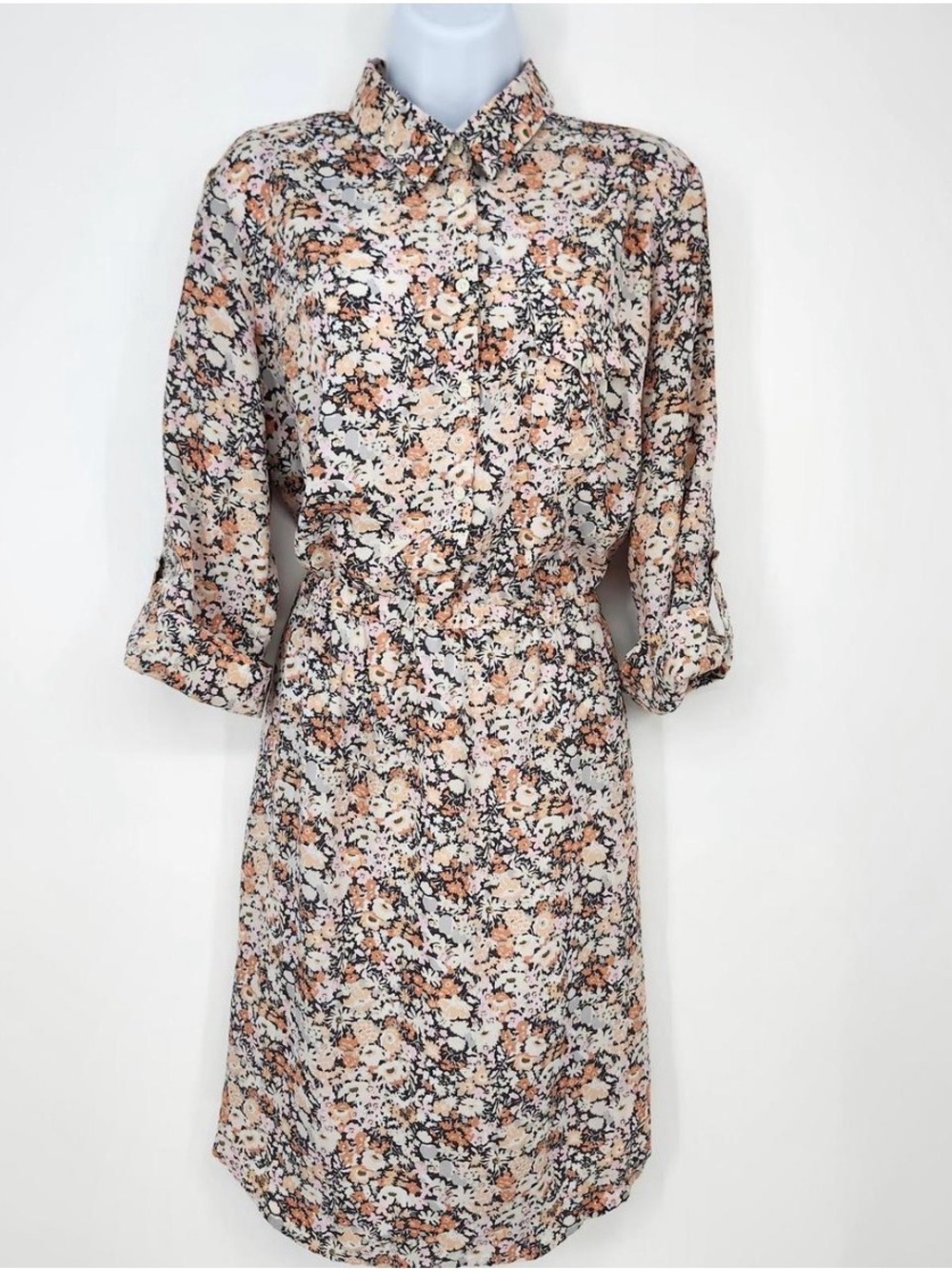 LOFT Floral Button-Front Midi Shirt Dress in Peach and Cream